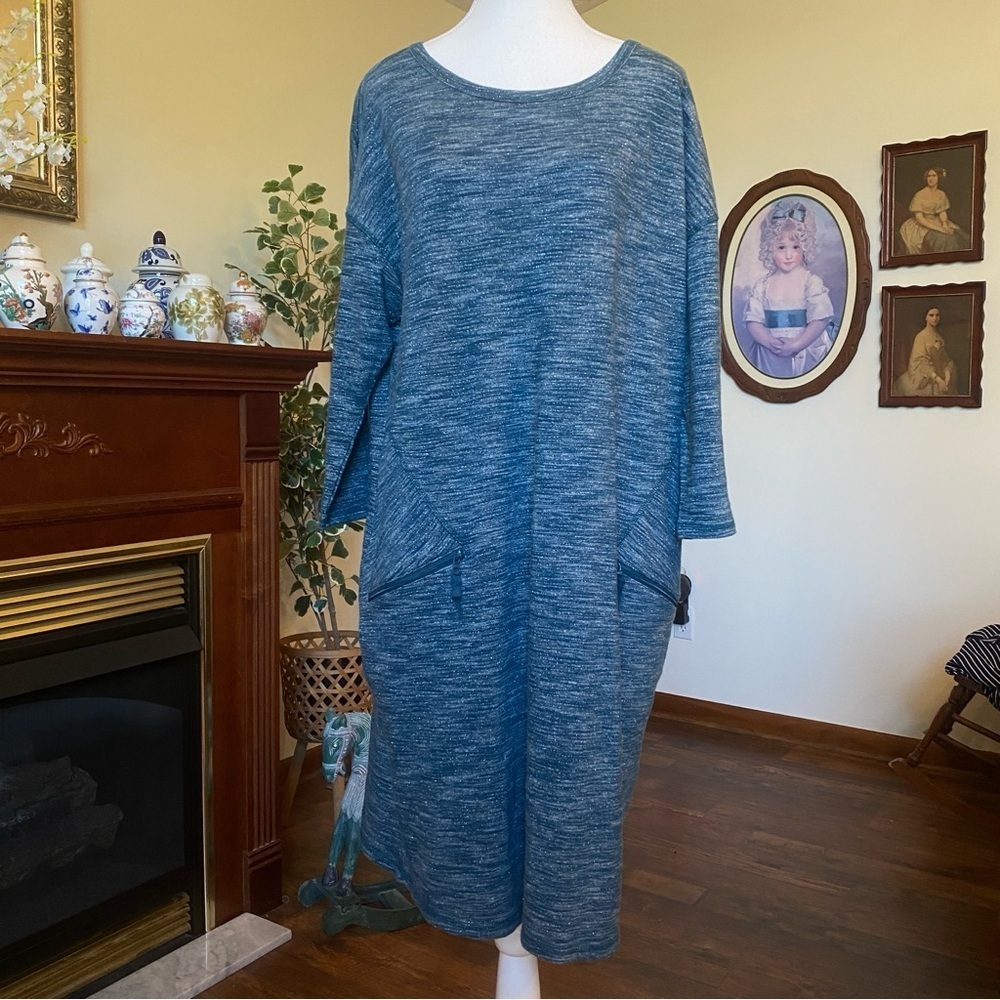 T by Talbots Blue Green Heathered Metallic Knit Shift Dress • XL • Pockets • NWT